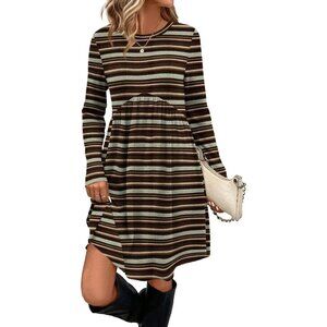 Ofeefan Women Caramel StripCrew Neck Long Sleeve Empire Waist Dress with Pockets